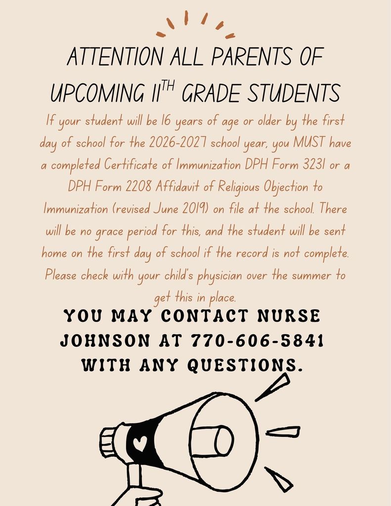 Notice for parents of 11th grade students. It is mandatory to submit a completed DPH Certifir DPH Form 3231 before the first school day.cate o
