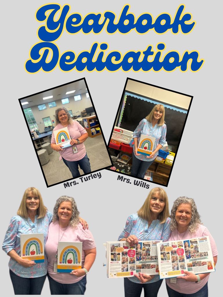 Four women holding a yearbook, one holding a rainbow sign, collage of two women with rainbow signs, text reads "Yearbook Dedication".