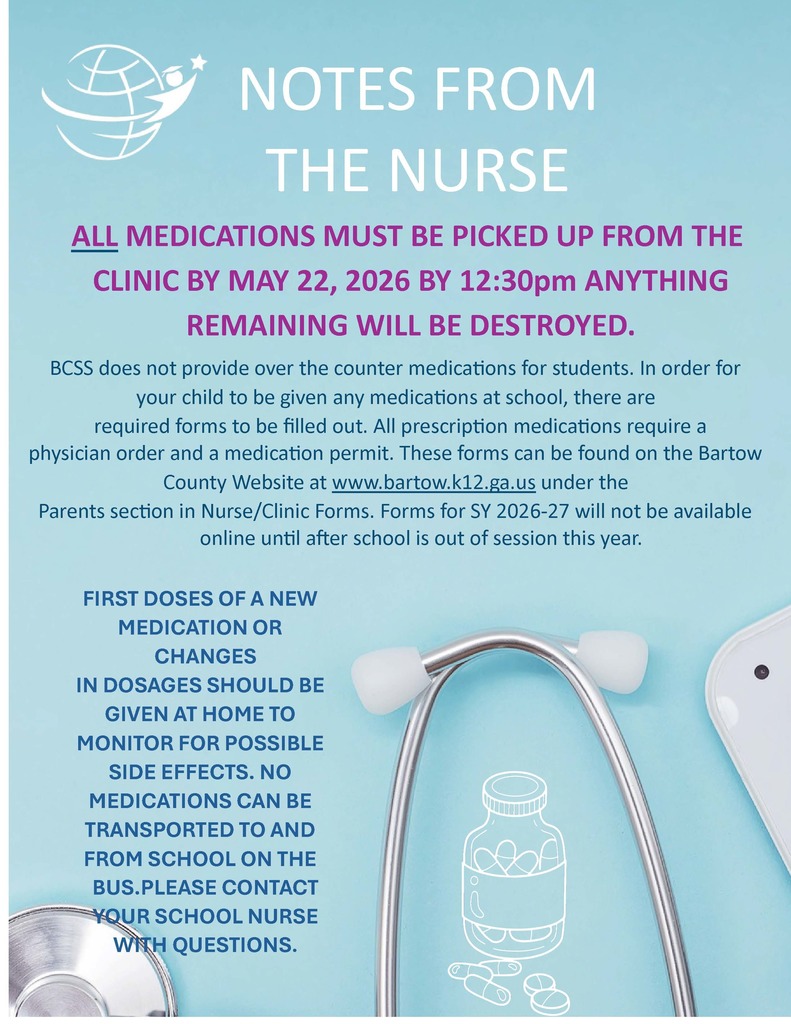 Poster with blue background and white text. It features a stethoscope and bottle. Text reads "Notes from the Nurse".