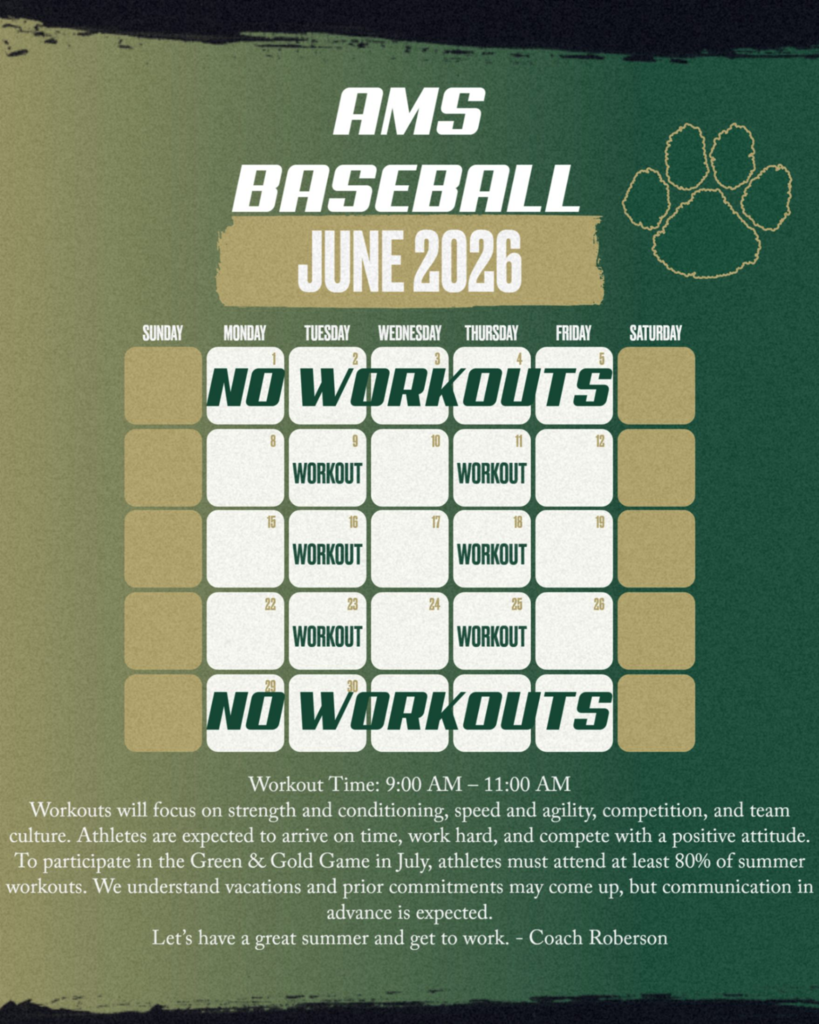 A green background displays a baseball training schedule for June 2026, including workout times and dates, with no workouts planned.