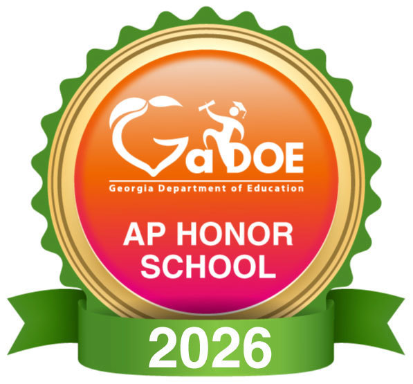Gold badge with green border. A person in motion next to text. "GaDOE AP HONOR SCHOOL 2026" written on it.