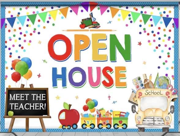 Colorful backdrop with balloons, a blackboard, and a school bus. Text reads "Open House" and "Meet the Teacher!"