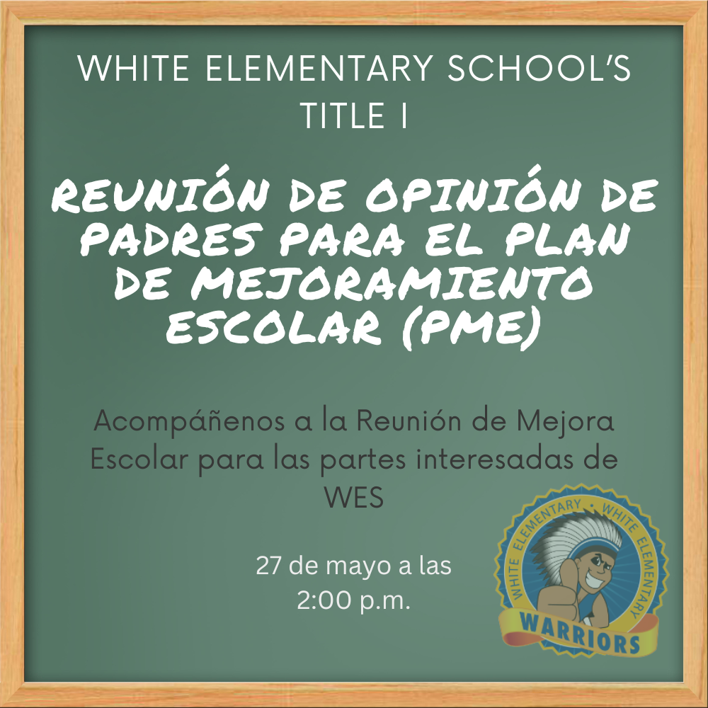 WES Title 1 SIP Parent Input Meeting. Join us for the WES Stakeholder School Improvement meeting. When: May 27th grom 2-3pm. Where: WES