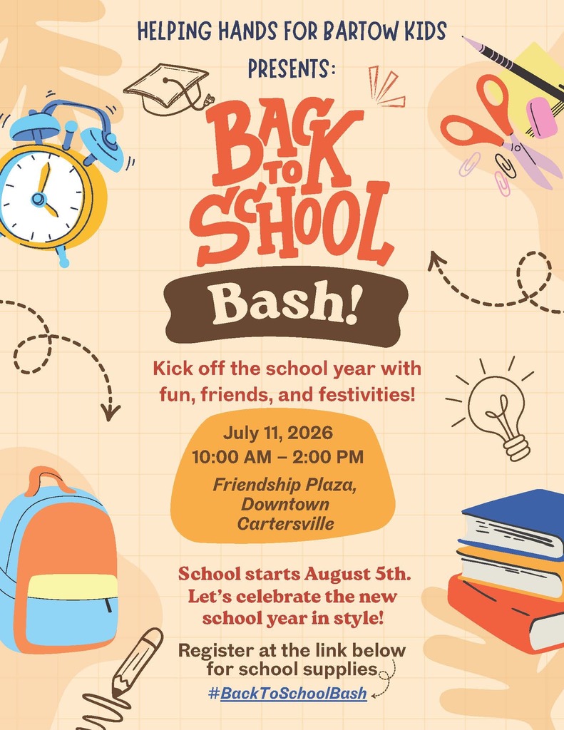 Poster for Back to School Bash with a clock, backpack, scissors, books, and pencil. Date and time are July 11, 10 AM to 2 PM.