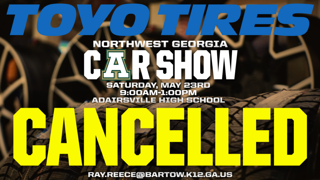 An advertisement for a canceled car show sponsored by Toyo Tires in Northwest Georgia, with text on a dark background.