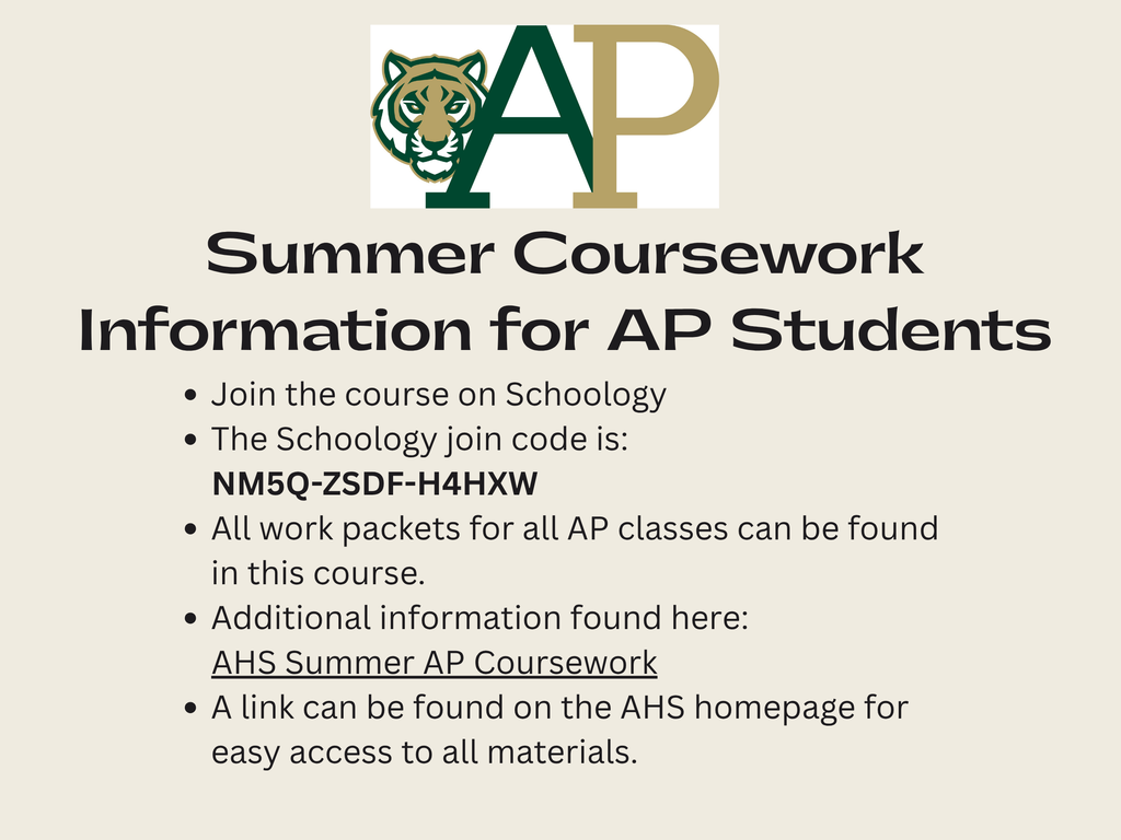 Text details about summer coursework for AP students, featuring an AP logo with a tiger. Includes information on joining a course and accessing work packets.