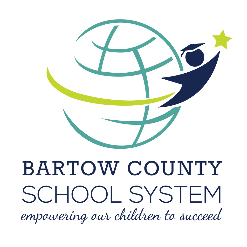 Logo for Bartow County School System with a globe, a child in a cap, and a star.