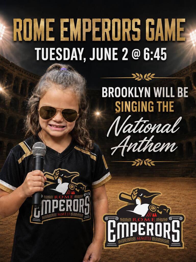 Advertisement for a Rome Emperors game shows a young girl with a microphone, wearing a black shirt, and sunglasses.