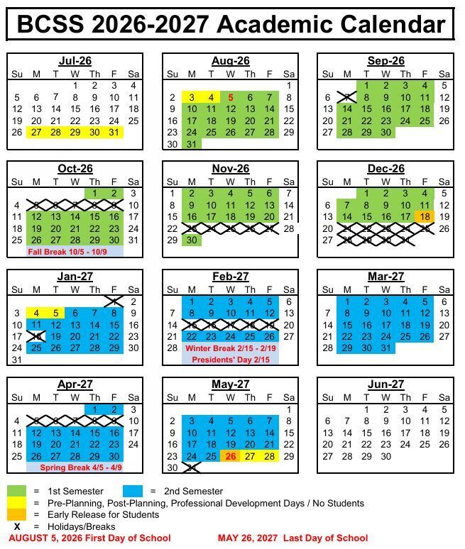 BCSS 2026-2027 Academic calendar showing planning days, holidays, early release days, Aug. 5 - First day of school, May 26 - Last Day of School