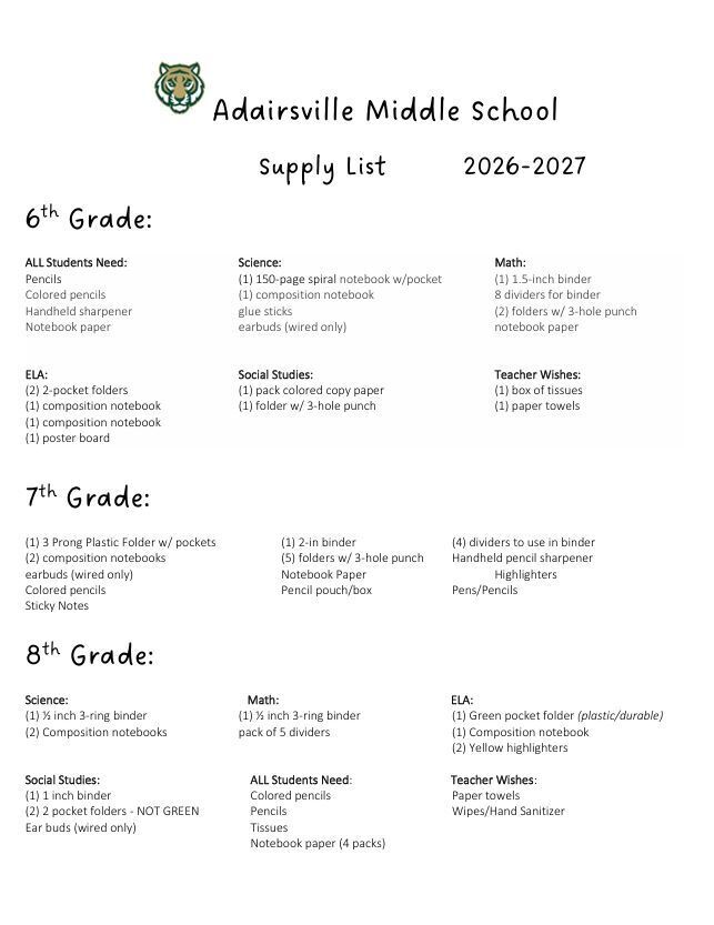 A document displaying the 2026-2027 supply list for Adairsville Middle School, organized by grade level.