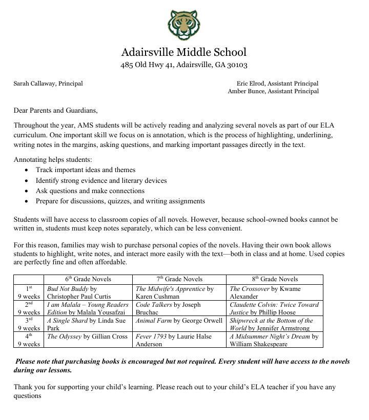 A document from Adairsville Middle School lists novels for students to read, highlighting the importance of annotation and discussion.