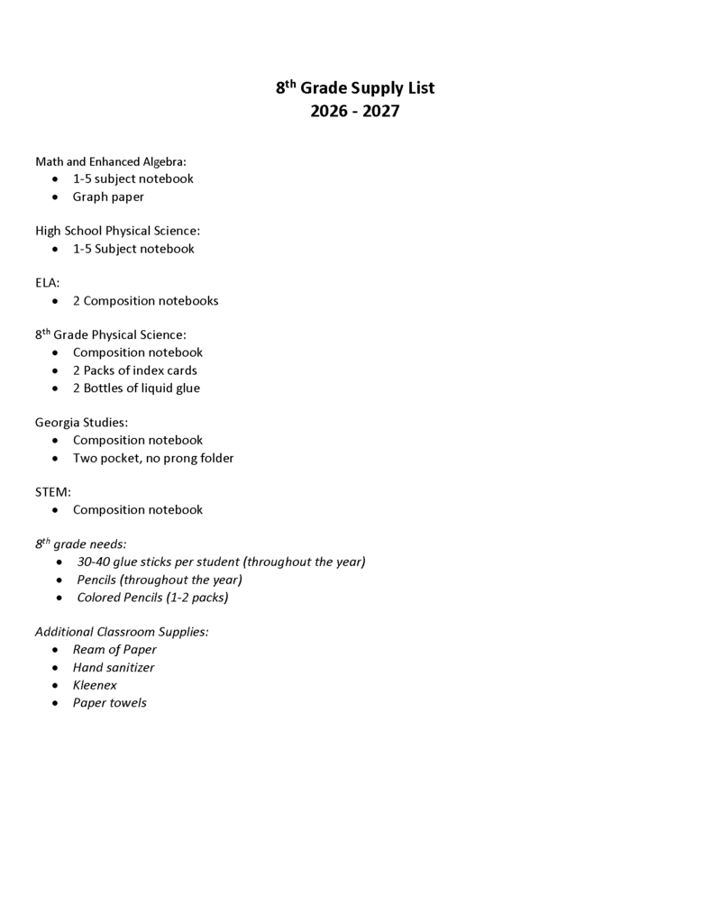 8th grade supply list 26 27