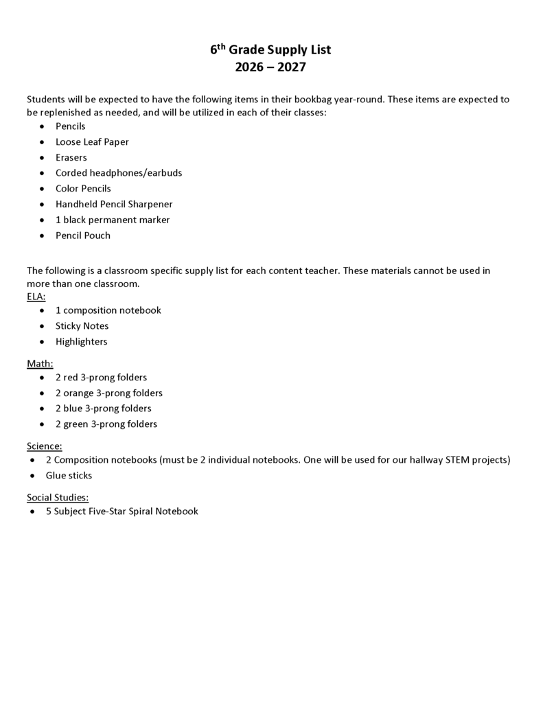 6th grade supply list 26 27