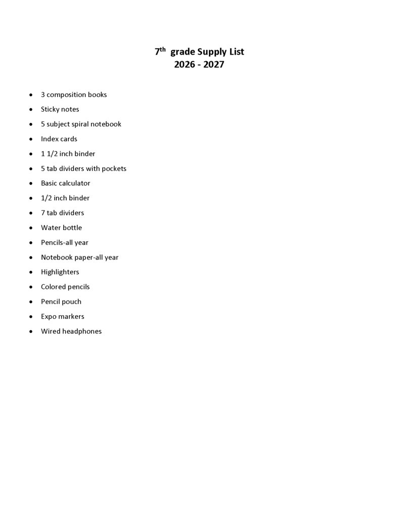 7th grade supply list 26 27