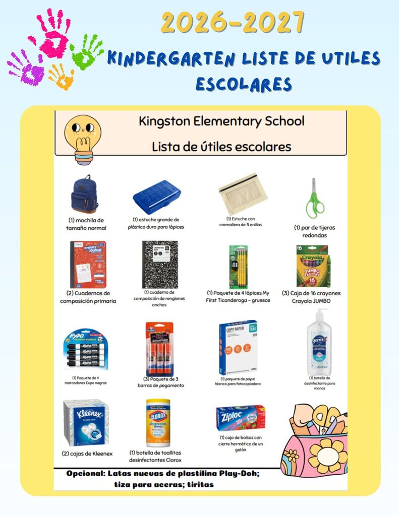 A yellow-backgrounded poster lists school supplies with images and names for Kindergarten at Kingston Elementary School.