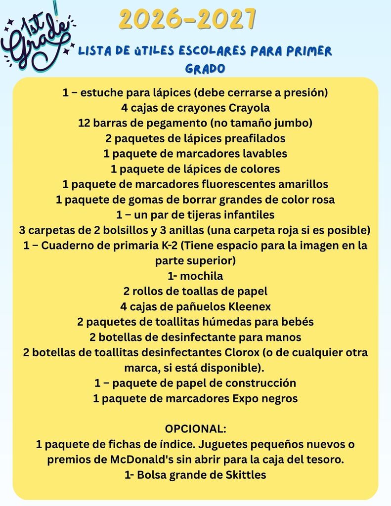 A yellow poster lists school supplies for 1st grade students, including pencils, crayons, markers, paper, and notebooks.