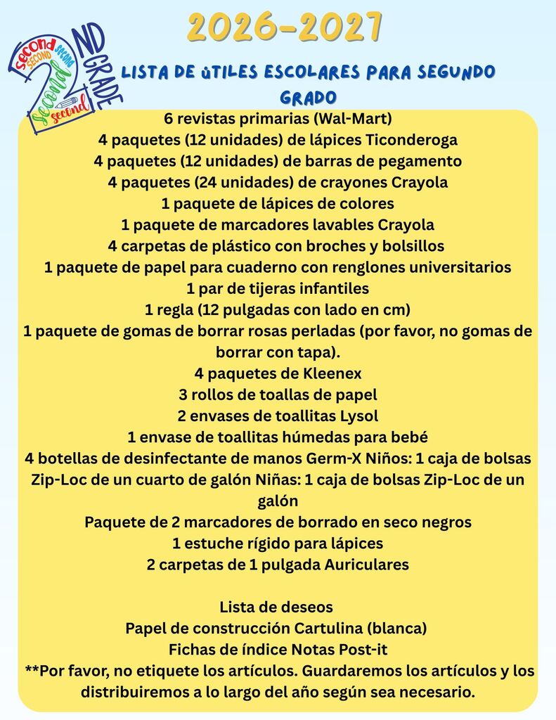 List of school supplies for second grade. Includes primary school notebooks, crayons, pencils, erasers, paper, and more.