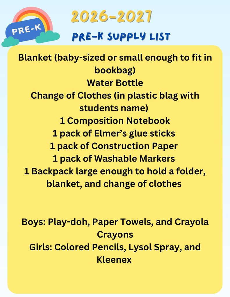 List of Pre-K school supplies for 2026-2027, including blanket, change of clothes, water bottle, and more.