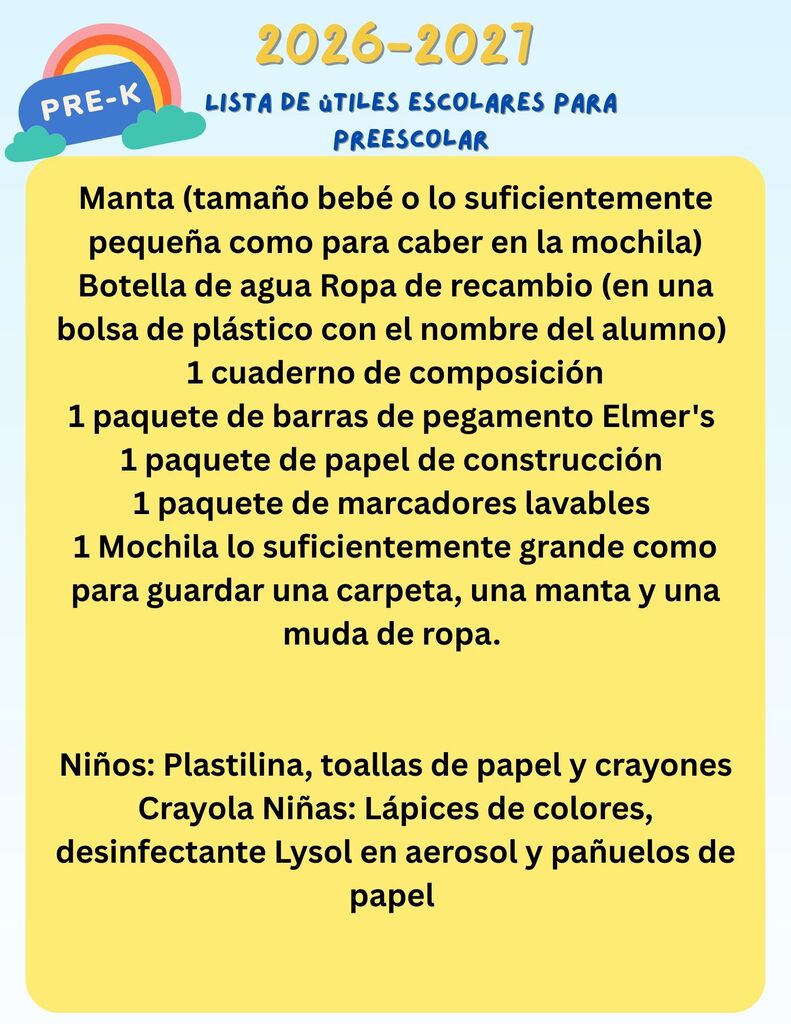 Yellow page with a rainbow in the top left corner. It lists items needed for pre-kindergarten.