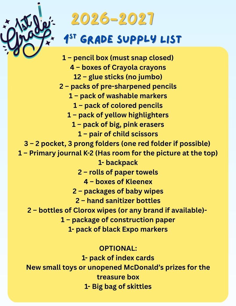 Yellow background displays a list of school supplies for 1st grade. Includes pencils, crayons, glue, scissors, and optional items.
