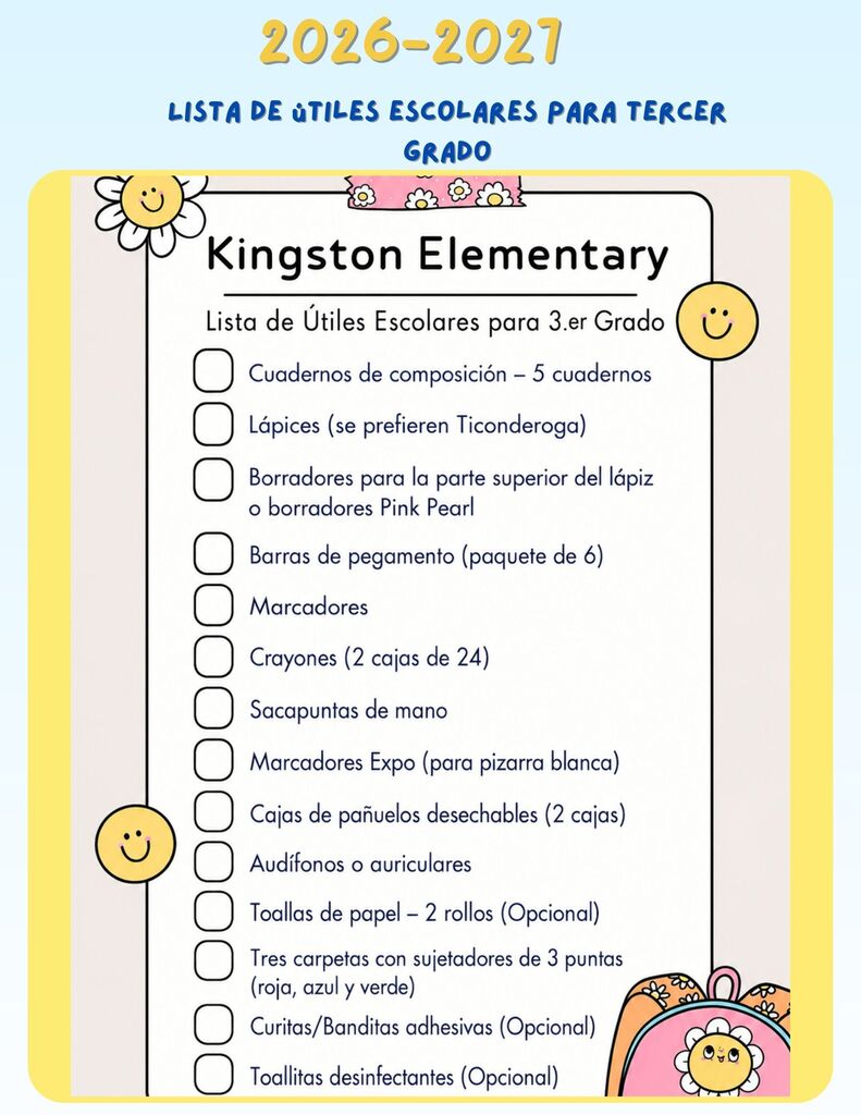 A yellow and white page titled "2026-2027 Kingston Elementary School Supplies List" displays a list of school supplies with icons and smiley faces.