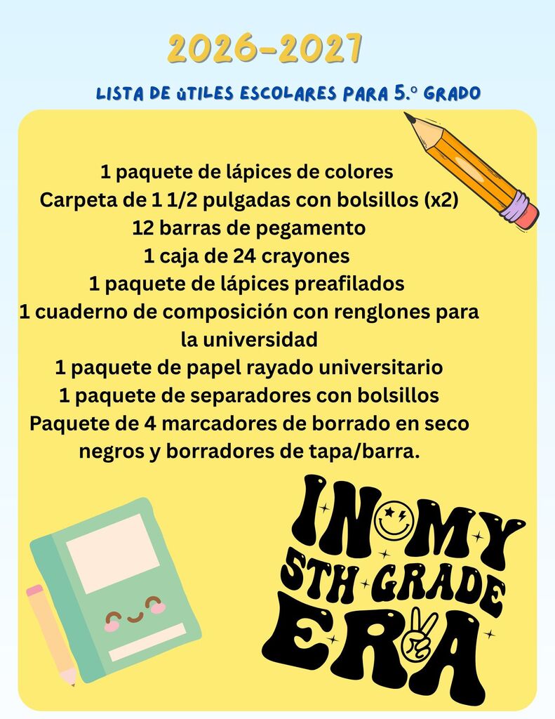 A poster lists school supplies for the 5th grade. Items include colored pencils, crayons, markers, and more.