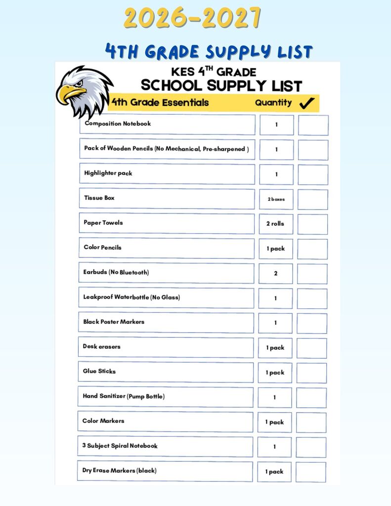 A school supply list for fourth graders includes items like pencils, paper towels, and colored markers, with quantity columns and a check mark.