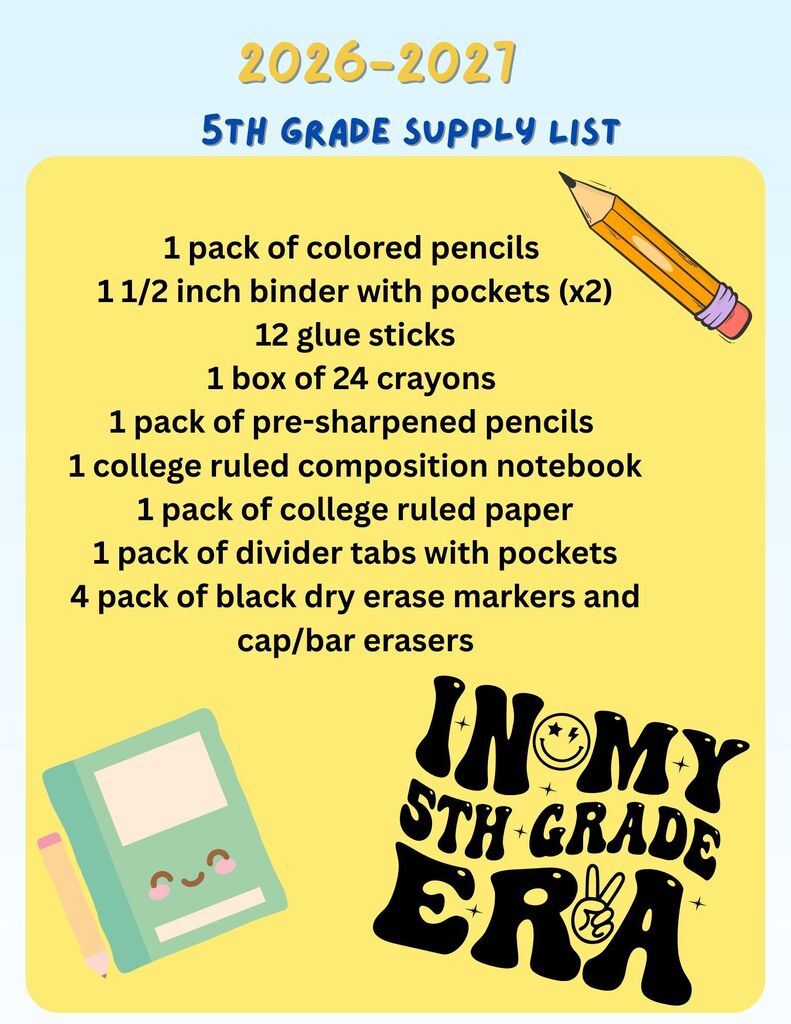 List of fifth-grade school supplies for the 2026-2027 school year. Includes colored pencils, binders, crayons, and more.