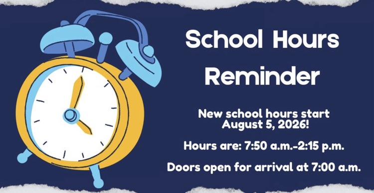 school hours reminder. blue picture with an alarm clock clipart. graphic states doors will open at 7:00am next year