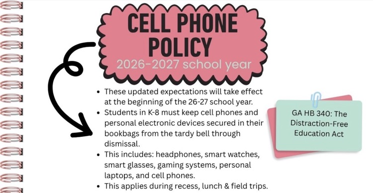 white graphic with pink blurb stating no cellphone usage at all by students k-8 during school hours