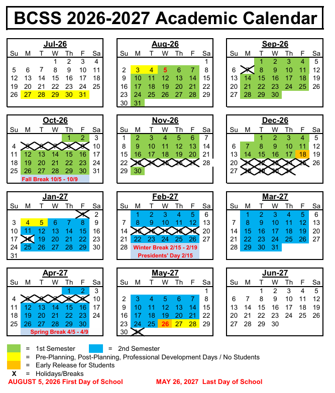 The picture shows the 2026-2027 academic calendar for Bartow County schools and indicates which weeks are holiday weeks as well as open house, the first day of school, the last day of school,  and any professional learning days where students do not attend school on those days. 