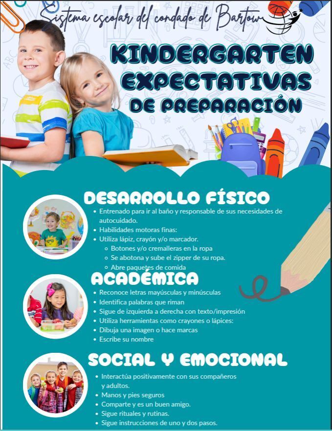 A Flyer that describes Kindergarten Readiness and Expectioations. The flyer is teal in color and has a boy and girl student leaning against eachother holding a book 