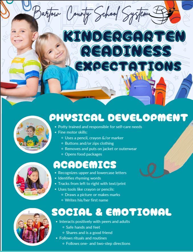 A Flyer that describes Kindergarten Readiness and Expectioations. The flyer is teal in color and has a boy and girl student leaning against eachother holding a book 