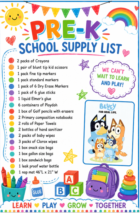 PreK School Supply List 2026-27
