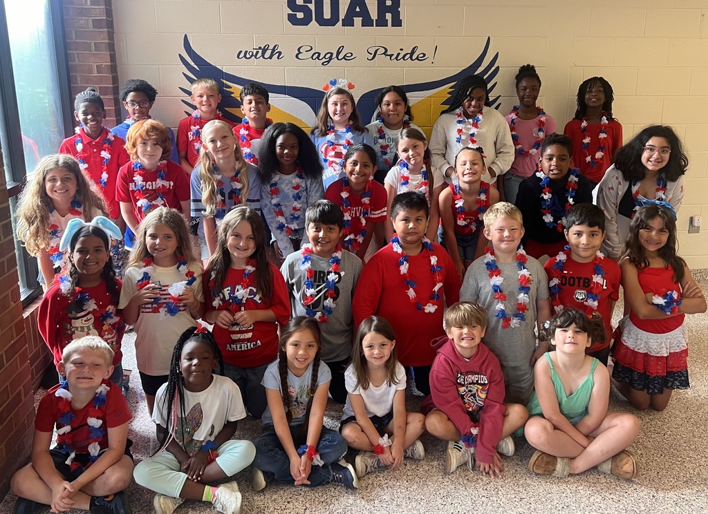 This picture showcases our Kindergarten through 5th grade students who participated in three weeks of Summer Intervention wearing red, white, and blue. They will be participating in activities related to Independence Day as our country is celebrating 250 years in 2026. 
