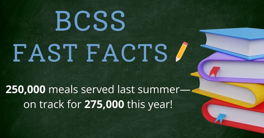 A chalkboard background with blue and white text and a pencil. "BCSS FAST FACTS" is displayed above the text.