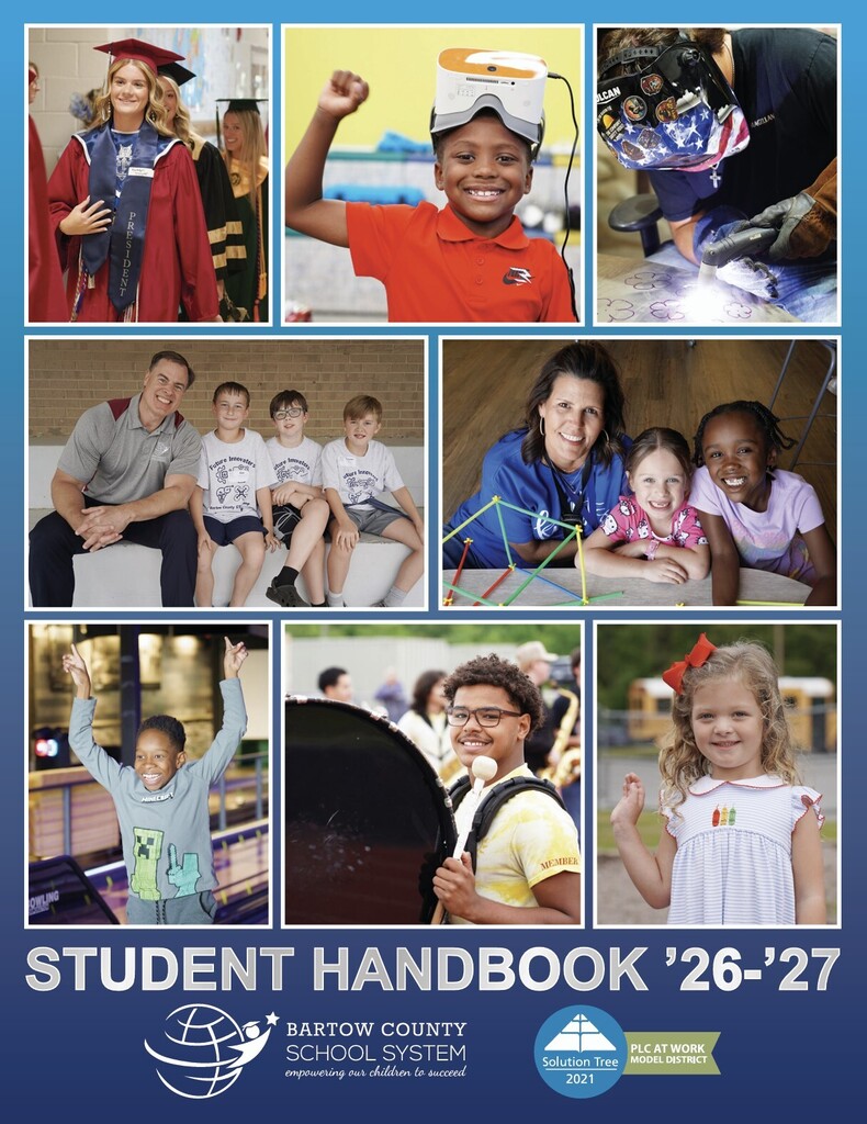 Cover of a student handbook for 2026-2027 with a collage of diverse students engaging in various activities.