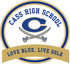 Gold and blue emblem on a black background, featuring two crossed swords and "Cass High School" with "Love Blue, Live Gold" below.