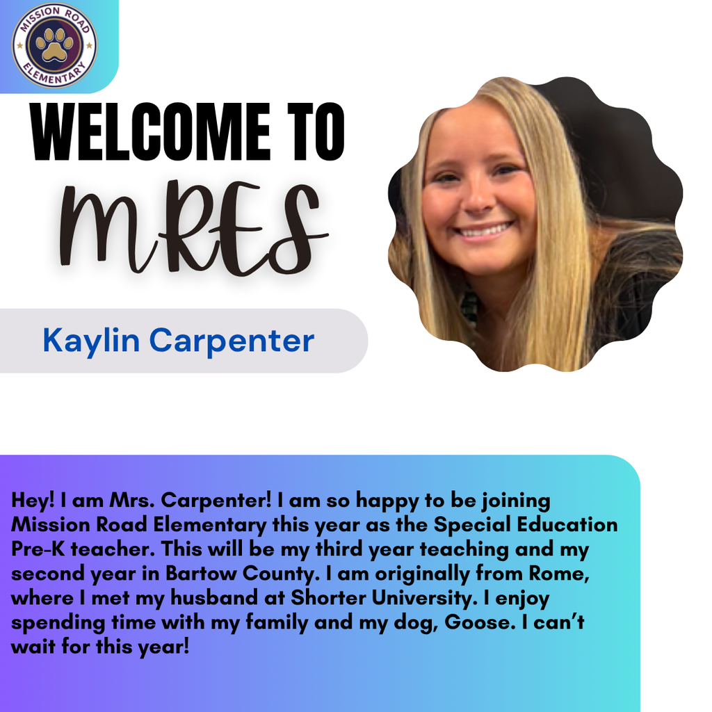 Welcome a new teacher to Mission Road, Mrs. Carpenter. She is smiling for a picture.