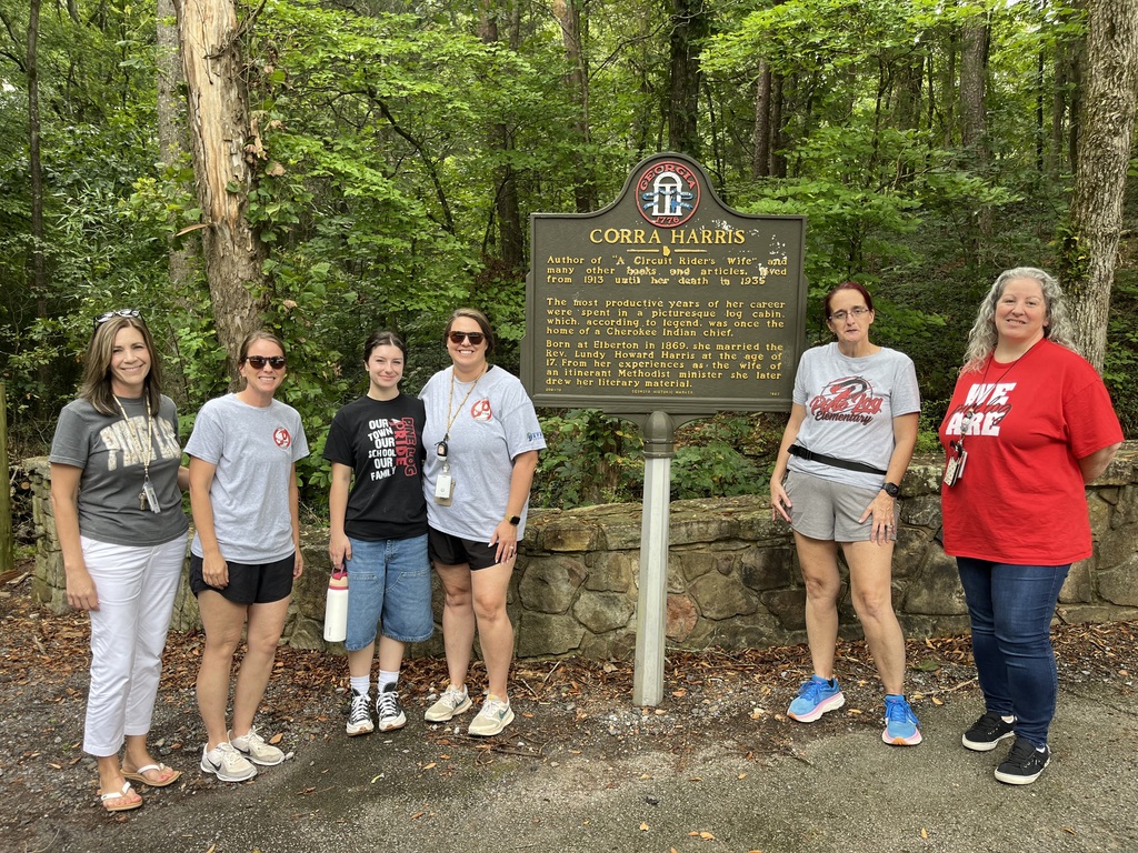 A group of teachers in various Pine Log Elementary School shirts and other various attire stand by a stone wall and historical marker about Corra Harris in front of a copse of trees.