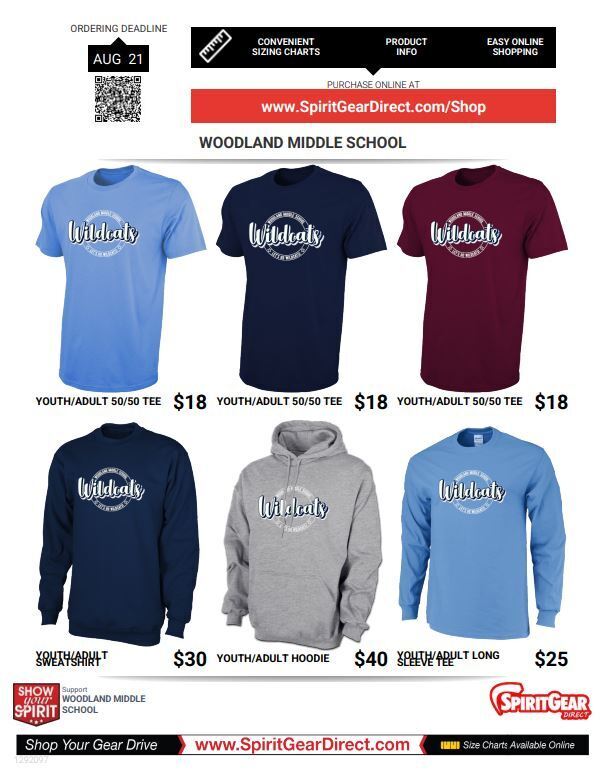 Advertisement showing various Woodland Middle School t-shirts and hoodies in different colors. Prices are listed, and a website is provided for ordering.