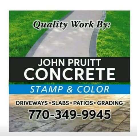 A poster advertises John Pruitt Concrete, featuring a walkway. The poster highlights services like driveways, slabs, patios, and grading.