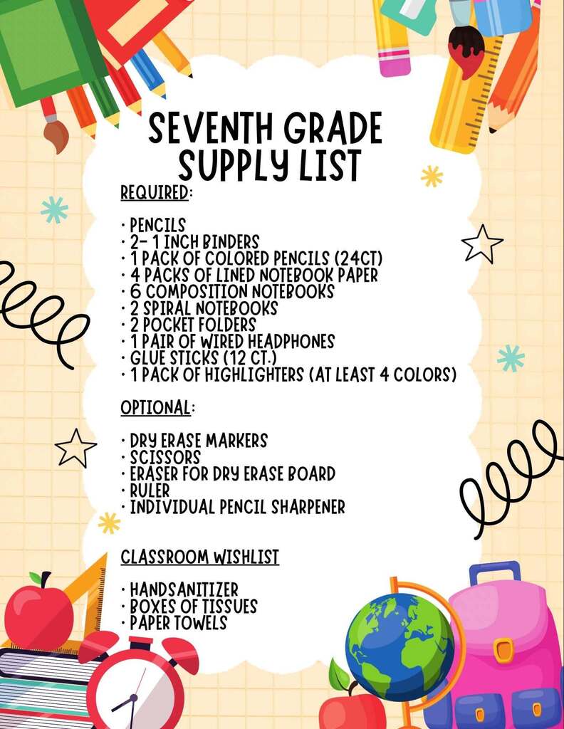 List of required and optional school supplies for seventh grade. Items include pencils, notebooks, and headphones.
