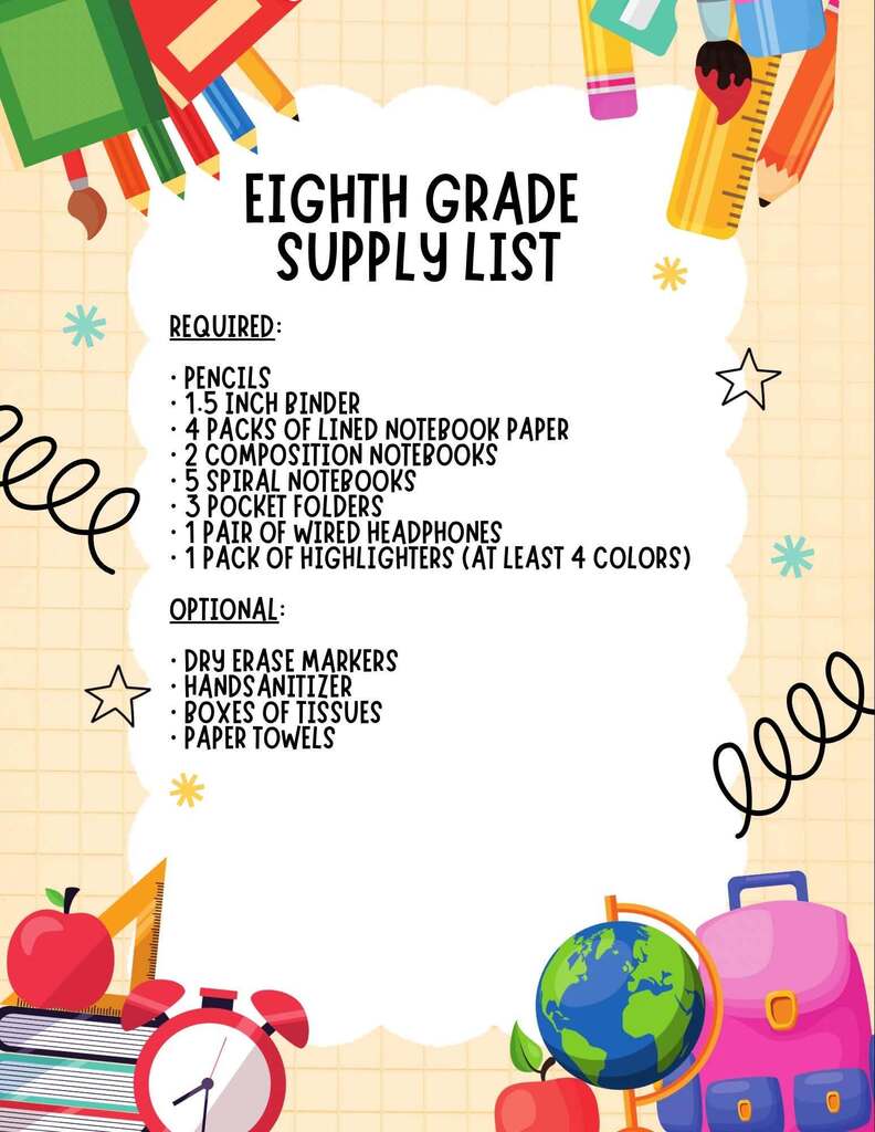 List of required and optional eighth grade school supplies. Includes pencils, notebooks, folders, headphones, and more.