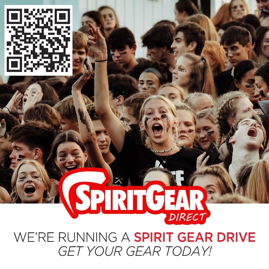 A large crowd of people with faces painted, some cheering, and a Spirit Gear logo on a white background.
