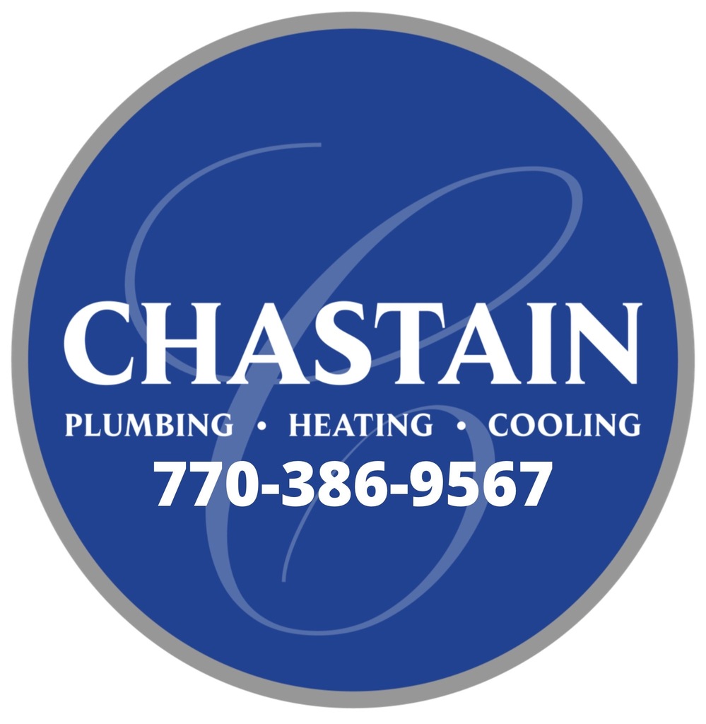 Blue circle logo for Chastain Plumbing, Heating, and Cooling. Contact number 770-386-9567 is displayed.