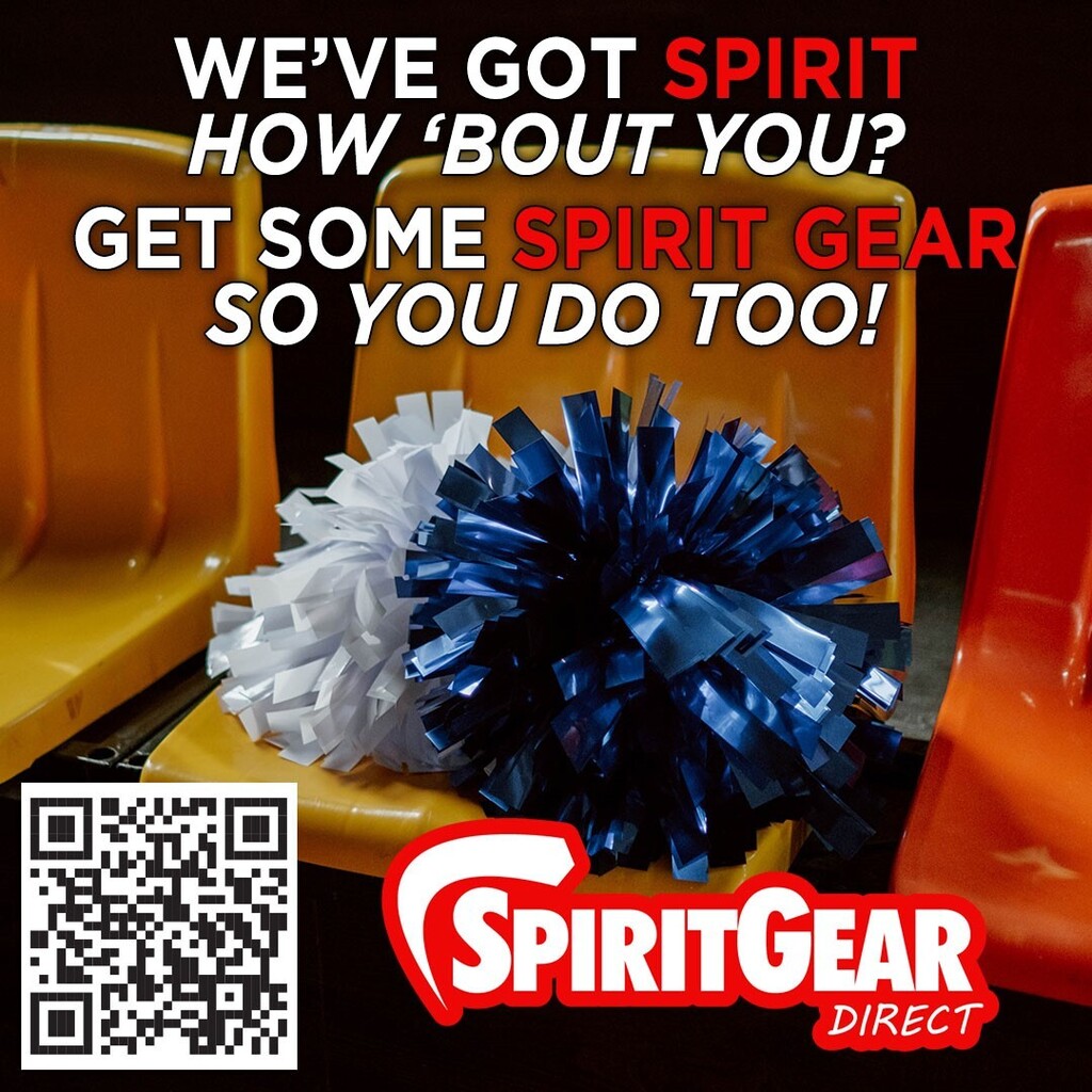 A blue and white pom-pom on a yellow chair with text promoting Spirit Gear and a QR code.