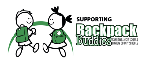 Promotional graphic showing two cartoon children carrying green backpacks beside the text "Supporting Backpack Buddies." Smaller text identifies the Backpack Buddies program as part of the Cartersville City Schools Foundation and Cartersville Schools.