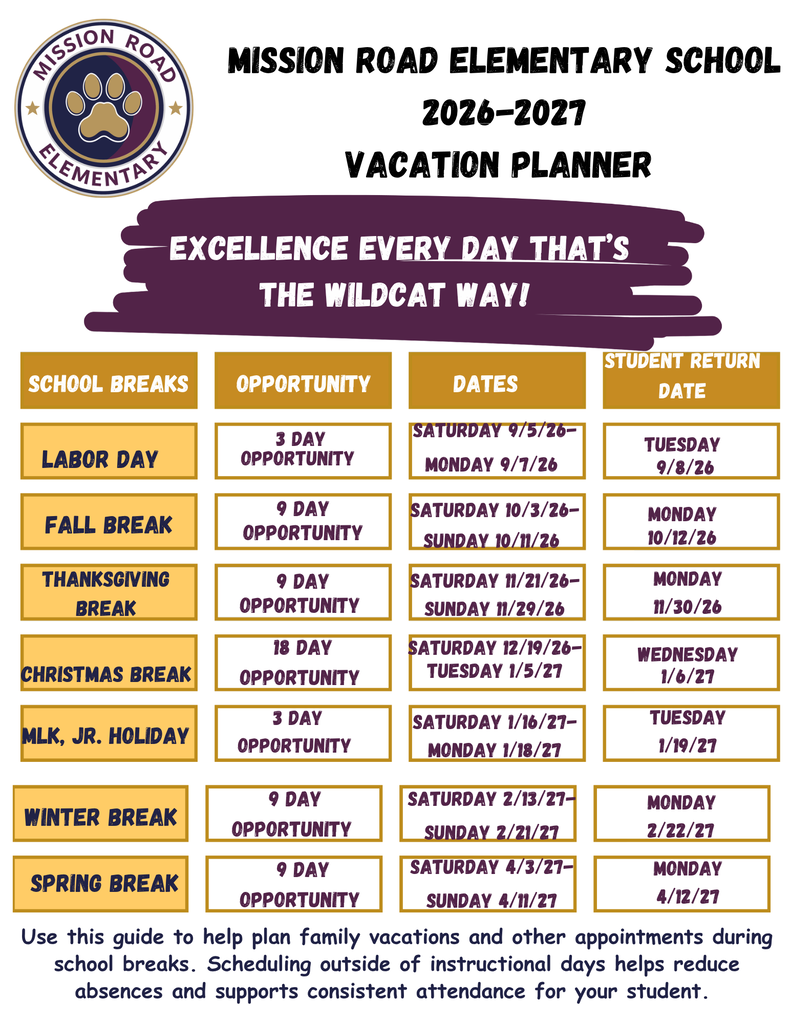 A picture of our school vacation planner. It has dates and opportunities for families to schedule appointments and vacations. 