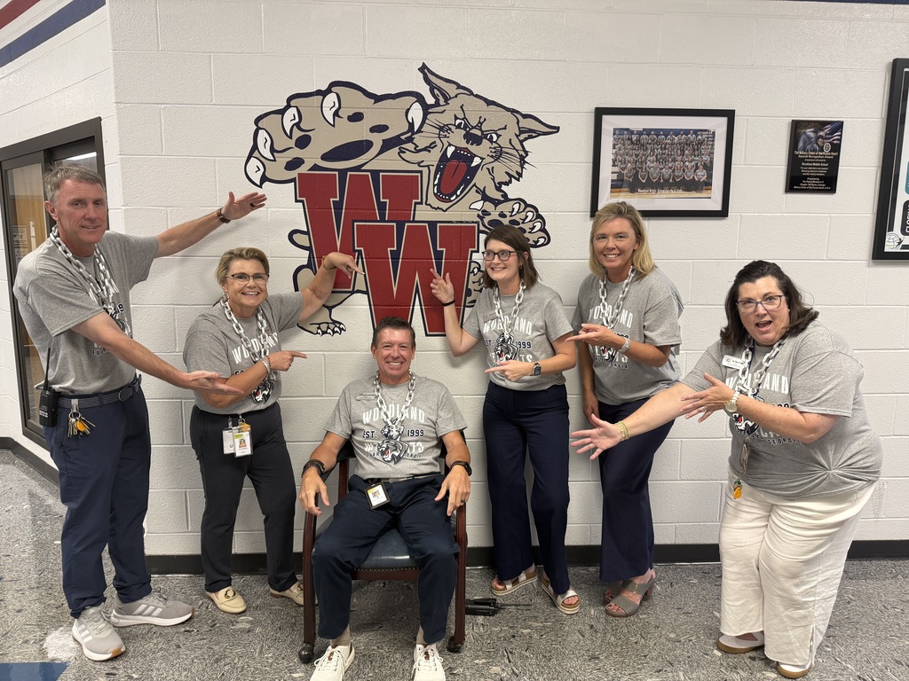A group of people in matching gray T-shirts pose for a picture in a hallway with a school mascot.